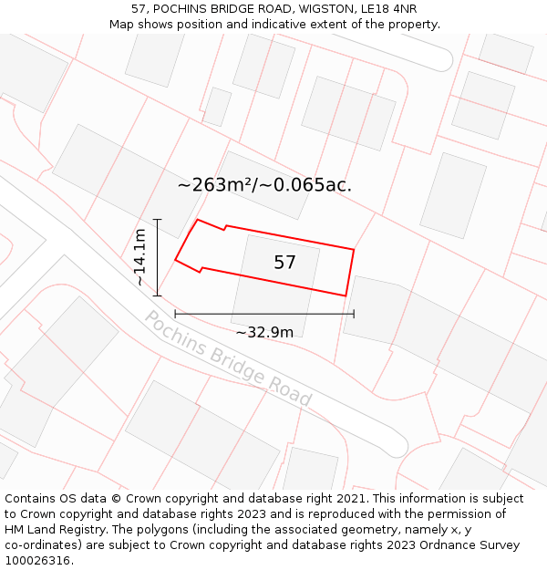 57, POCHINS BRIDGE ROAD, WIGSTON, LE18 4NR: Plot and title map