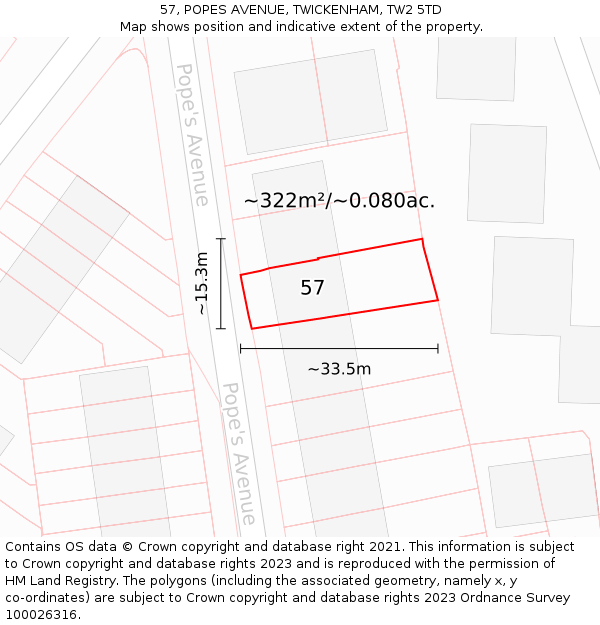 57, POPES AVENUE, TWICKENHAM, TW2 5TD: Plot and title map