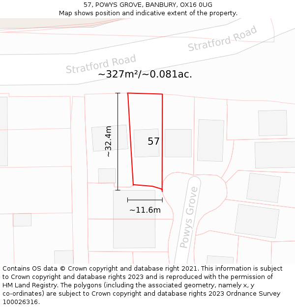 57, POWYS GROVE, BANBURY, OX16 0UG: Plot and title map