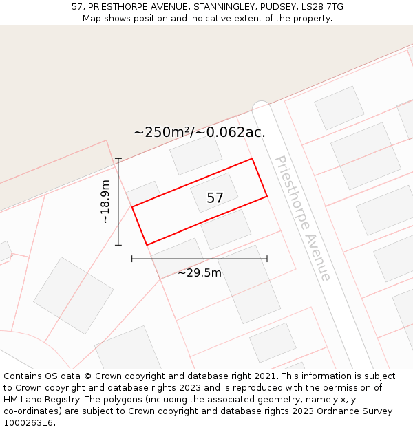 57, PRIESTHORPE AVENUE, STANNINGLEY, PUDSEY, LS28 7TG: Plot and title map