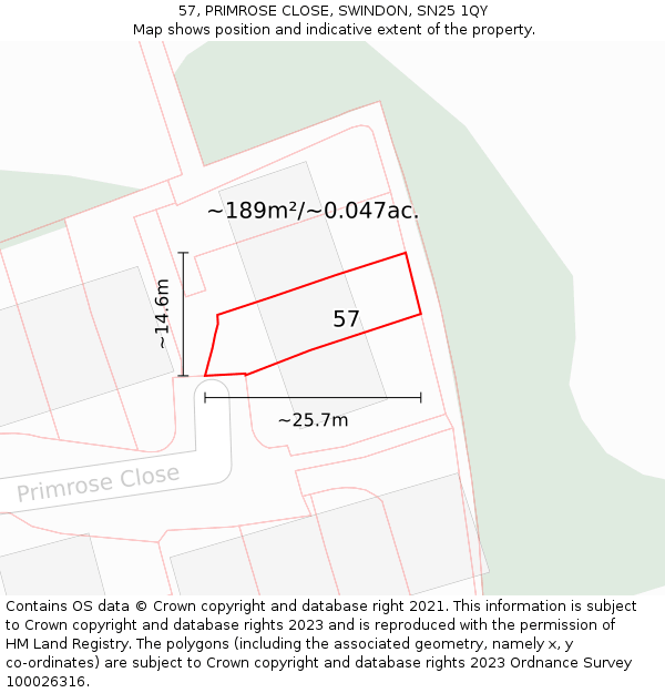 57, PRIMROSE CLOSE, SWINDON, SN25 1QY: Plot and title map