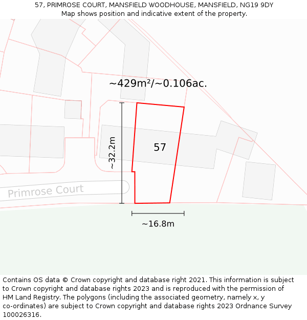 57, PRIMROSE COURT, MANSFIELD WOODHOUSE, MANSFIELD, NG19 9DY: Plot and title map