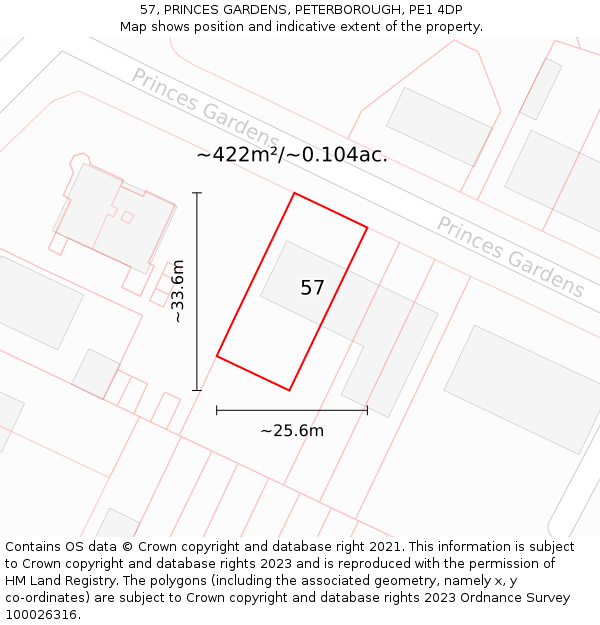 57, PRINCES GARDENS, PETERBOROUGH, PE1 4DP: Plot and title map