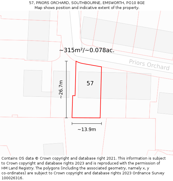 57, PRIORS ORCHARD, SOUTHBOURNE, EMSWORTH, PO10 8GE: Plot and title map