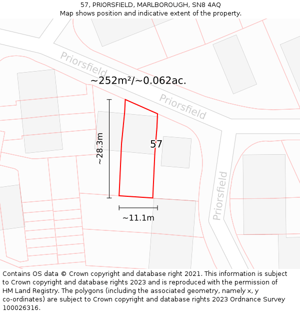 57, PRIORSFIELD, MARLBOROUGH, SN8 4AQ: Plot and title map