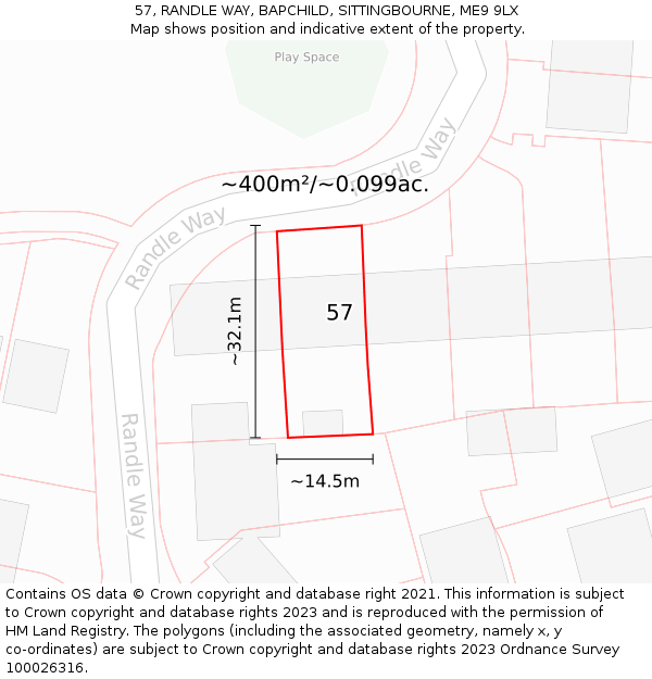 57, RANDLE WAY, BAPCHILD, SITTINGBOURNE, ME9 9LX: Plot and title map