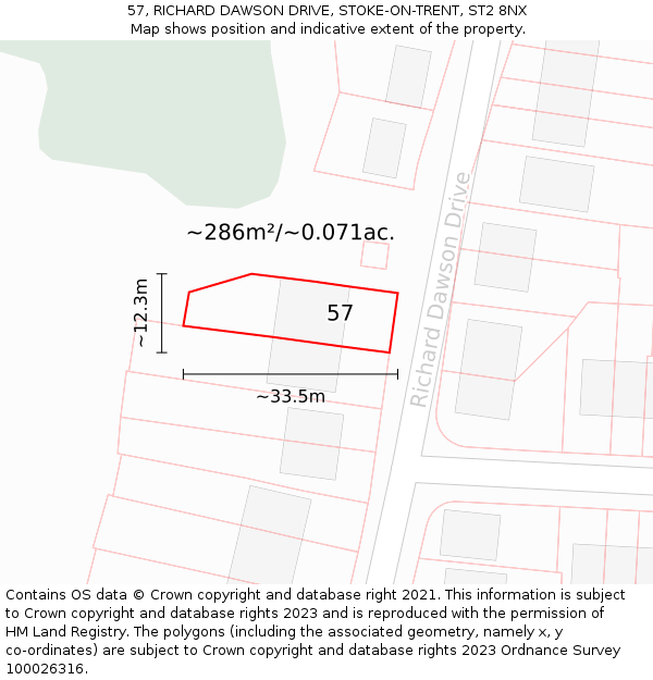 57, RICHARD DAWSON DRIVE, STOKE-ON-TRENT, ST2 8NX: Plot and title map