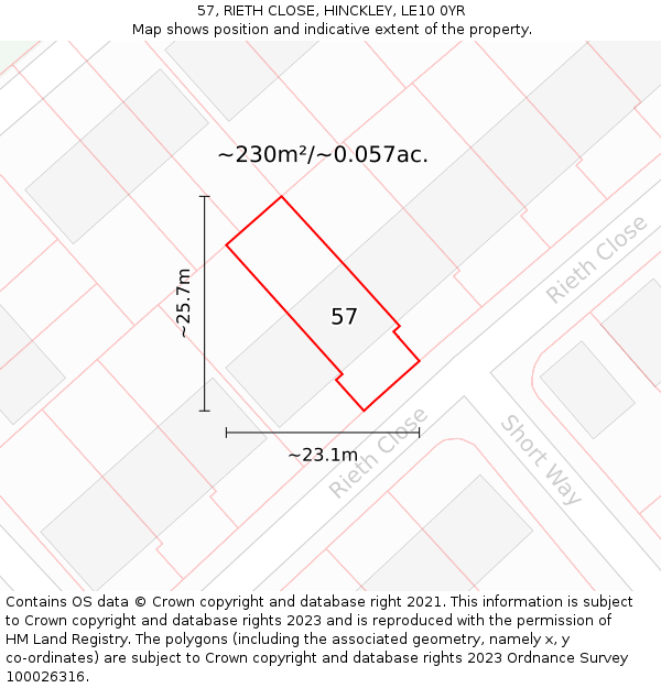 57, RIETH CLOSE, HINCKLEY, LE10 0YR: Plot and title map