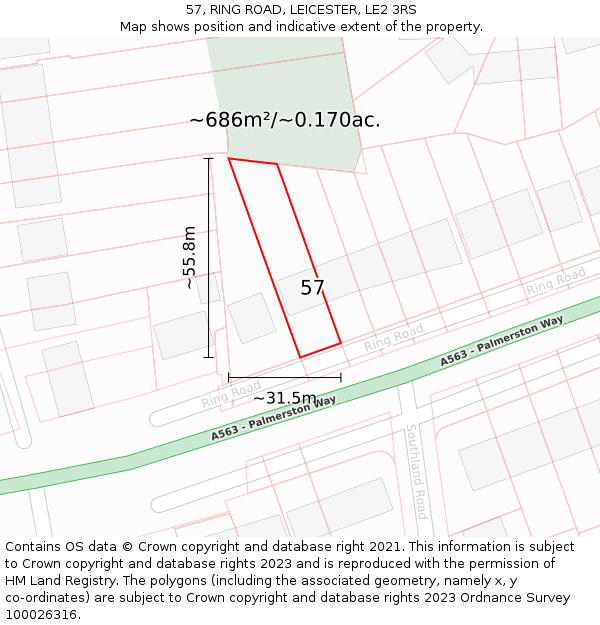 57, RING ROAD, LEICESTER, LE2 3RS: Plot and title map