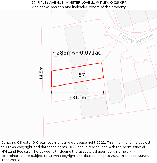 57, RIPLEY AVENUE, MINSTER LOVELL, WITNEY, OX29 0RP: Plot and title map