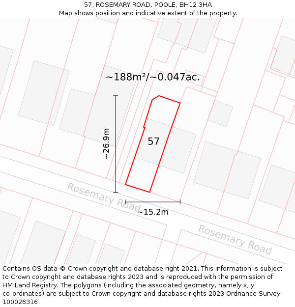 57, ROSEMARY ROAD, POOLE, BH12 3HA: Plot and title map