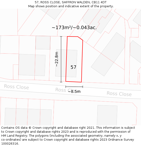 57, ROSS CLOSE, SAFFRON WALDEN, CB11 4DT: Plot and title map
