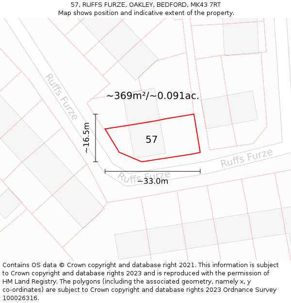 57, RUFFS FURZE, OAKLEY, BEDFORD, MK43 7RT: Plot and title map