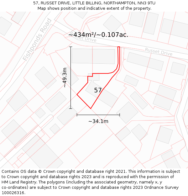 57, RUSSET DRIVE, LITTLE BILLING, NORTHAMPTON, NN3 9TU: Plot and title map