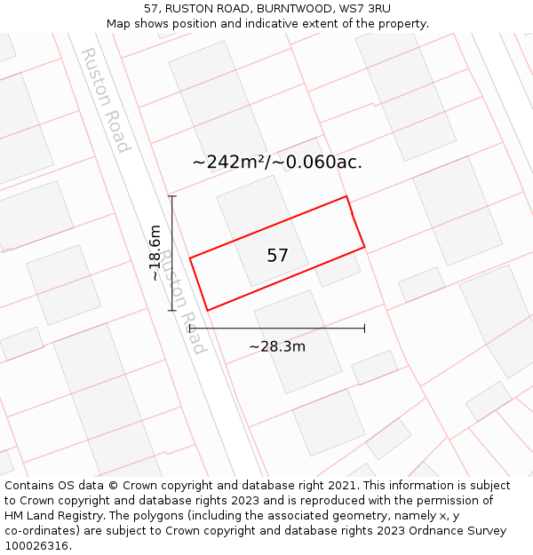 57, RUSTON ROAD, BURNTWOOD, WS7 3RU: Plot and title map