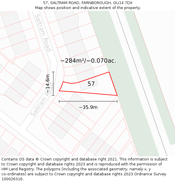 57, SALTRAM ROAD, FARNBOROUGH, GU14 7DX: Plot and title map