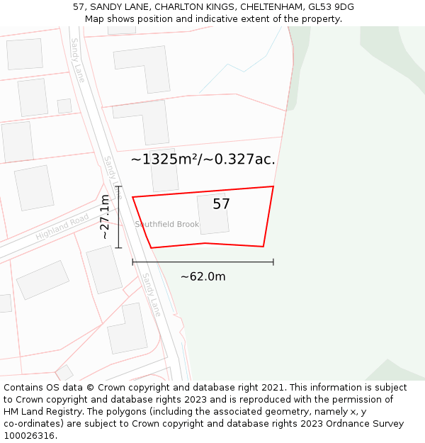 57, SANDY LANE, CHARLTON KINGS, CHELTENHAM, GL53 9DG: Plot and title map