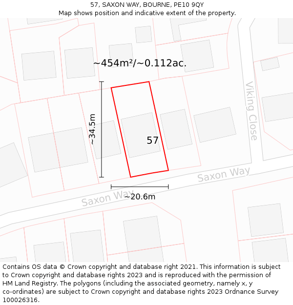 57, SAXON WAY, BOURNE, PE10 9QY: Plot and title map