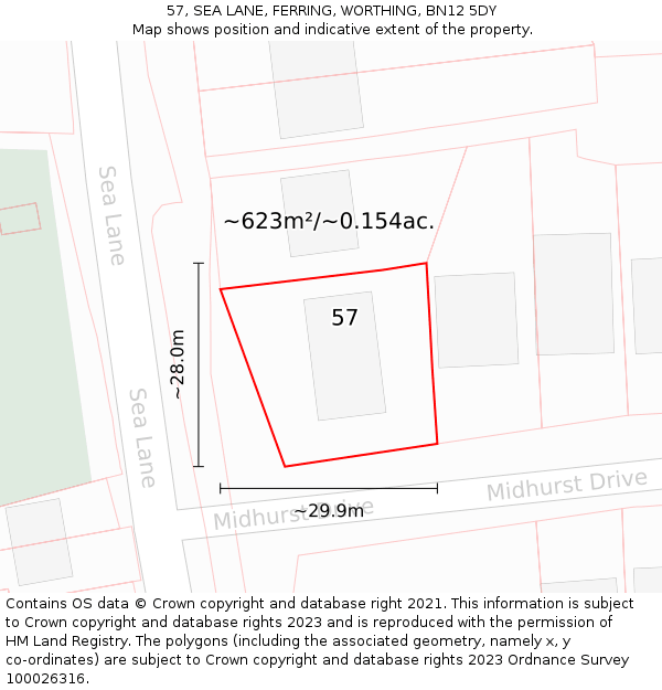 57, SEA LANE, FERRING, WORTHING, BN12 5DY: Plot and title map