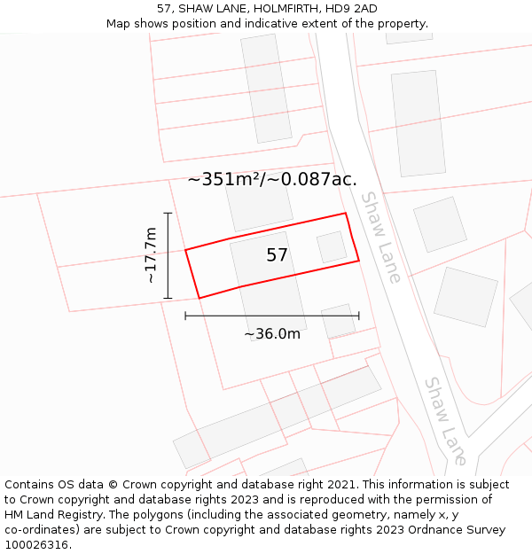 57, SHAW LANE, HOLMFIRTH, HD9 2AD: Plot and title map