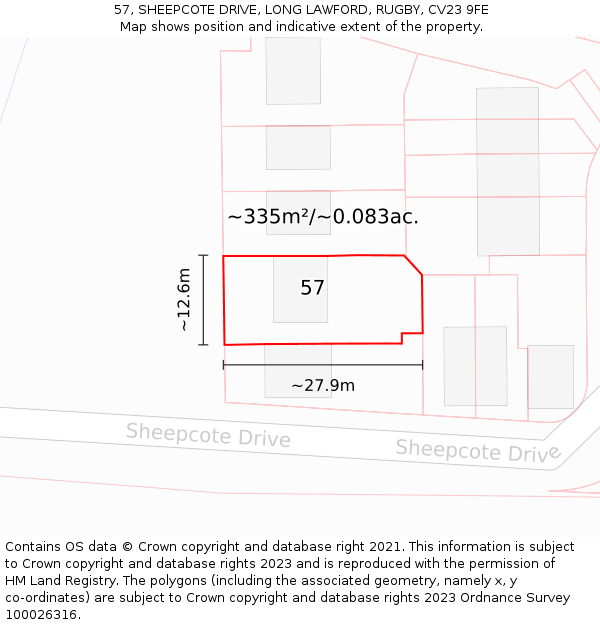 57, SHEEPCOTE DRIVE, LONG LAWFORD, RUGBY, CV23 9FE: Plot and title map