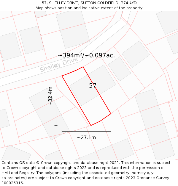 57, SHELLEY DRIVE, SUTTON COLDFIELD, B74 4YD: Plot and title map