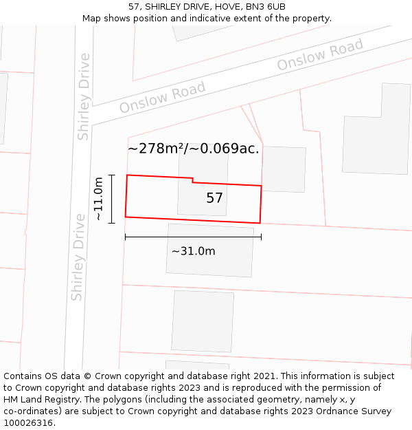 57, SHIRLEY DRIVE, HOVE, BN3 6UB: Plot and title map