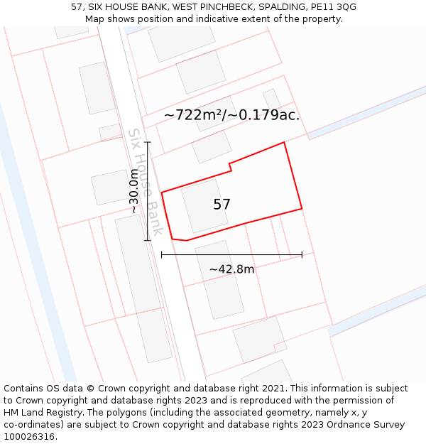 57, SIX HOUSE BANK, WEST PINCHBECK, SPALDING, PE11 3QG: Plot and title map