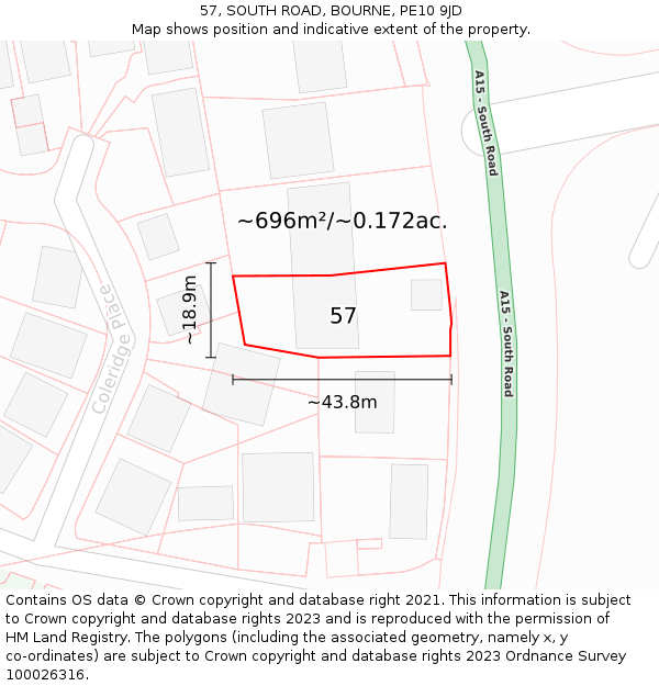 57, SOUTH ROAD, BOURNE, PE10 9JD: Plot and title map