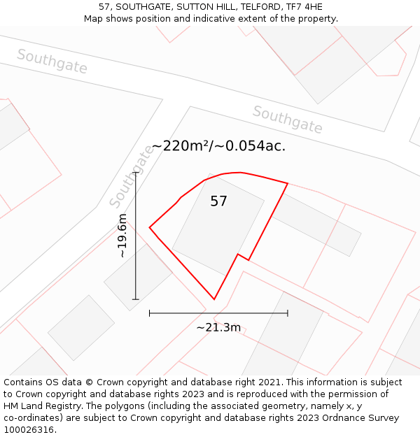 57, SOUTHGATE, SUTTON HILL, TELFORD, TF7 4HE: Plot and title map