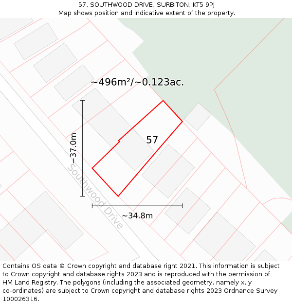 57, SOUTHWOOD DRIVE, SURBITON, KT5 9PJ: Plot and title map