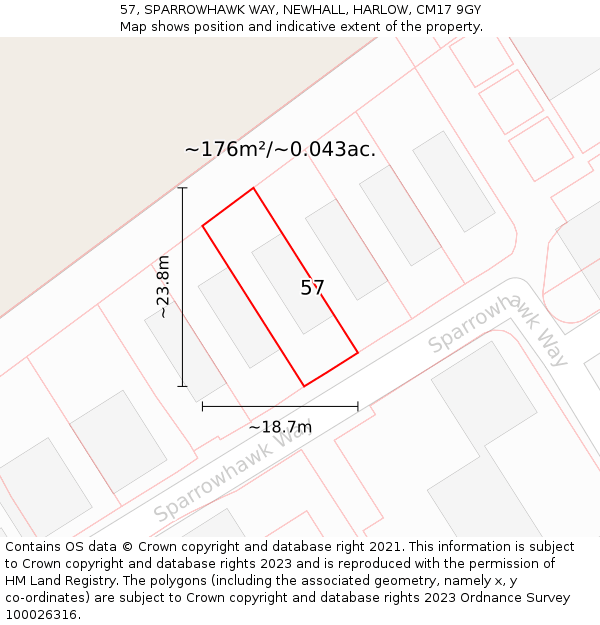 57, SPARROWHAWK WAY, NEWHALL, HARLOW, CM17 9GY: Plot and title map