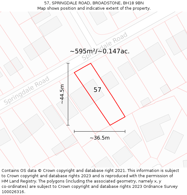 57, SPRINGDALE ROAD, BROADSTONE, BH18 9BN: Plot and title map