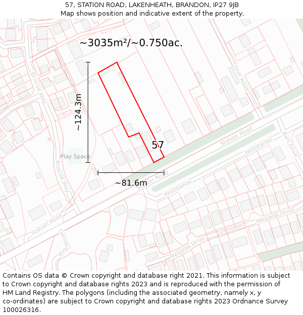 57, STATION ROAD, LAKENHEATH, BRANDON, IP27 9JB: Plot and title map