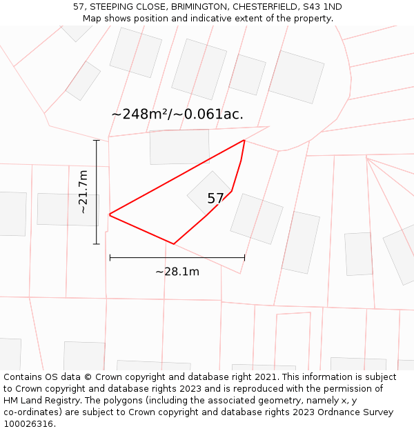 57, STEEPING CLOSE, BRIMINGTON, CHESTERFIELD, S43 1ND: Plot and title map