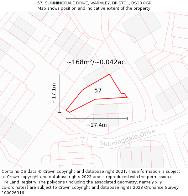 57, SUNNINGDALE DRIVE, WARMLEY, BRISTOL, BS30 8GP: Plot and title map