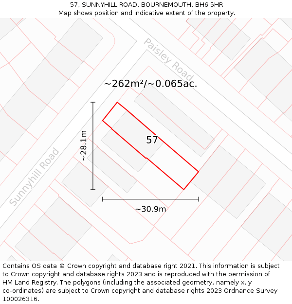 57, SUNNYHILL ROAD, BOURNEMOUTH, BH6 5HR: Plot and title map