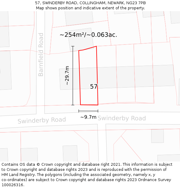 57, SWINDERBY ROAD, COLLINGHAM, NEWARK, NG23 7PB: Plot and title map