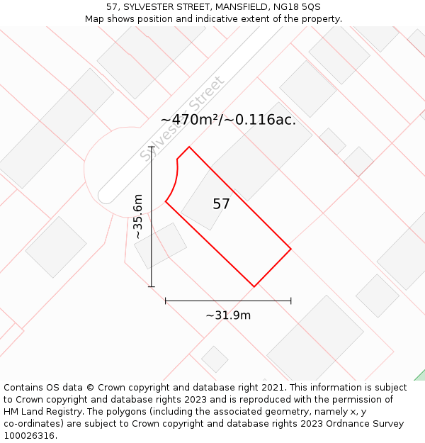 57, SYLVESTER STREET, MANSFIELD, NG18 5QS: Plot and title map