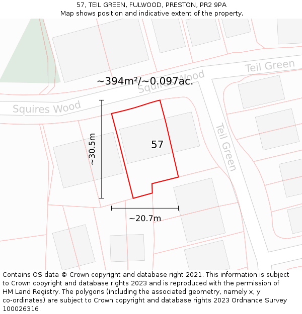 57, TEIL GREEN, FULWOOD, PRESTON, PR2 9PA: Plot and title map