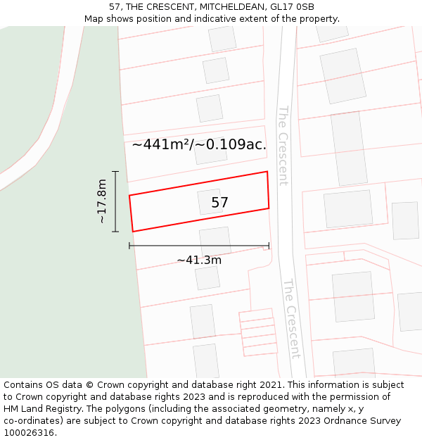 57, THE CRESCENT, MITCHELDEAN, GL17 0SB: Plot and title map