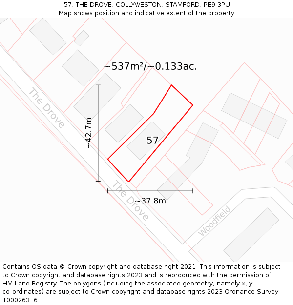 57, THE DROVE, COLLYWESTON, STAMFORD, PE9 3PU: Plot and title map