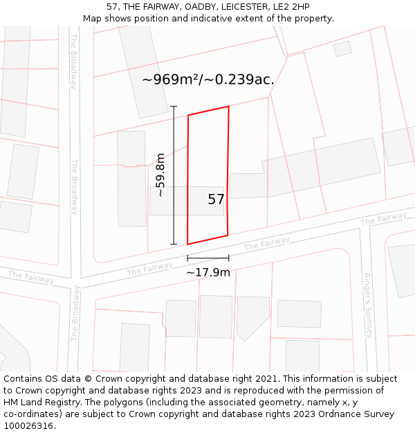 57, THE FAIRWAY, OADBY, LEICESTER, LE2 2HP: Plot and title map