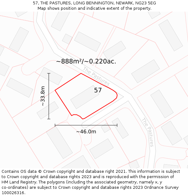 57, THE PASTURES, LONG BENNINGTON, NEWARK, NG23 5EG: Plot and title map