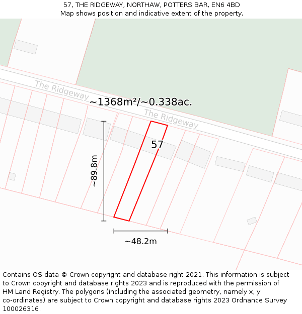 57, THE RIDGEWAY, NORTHAW, POTTERS BAR, EN6 4BD: Plot and title map