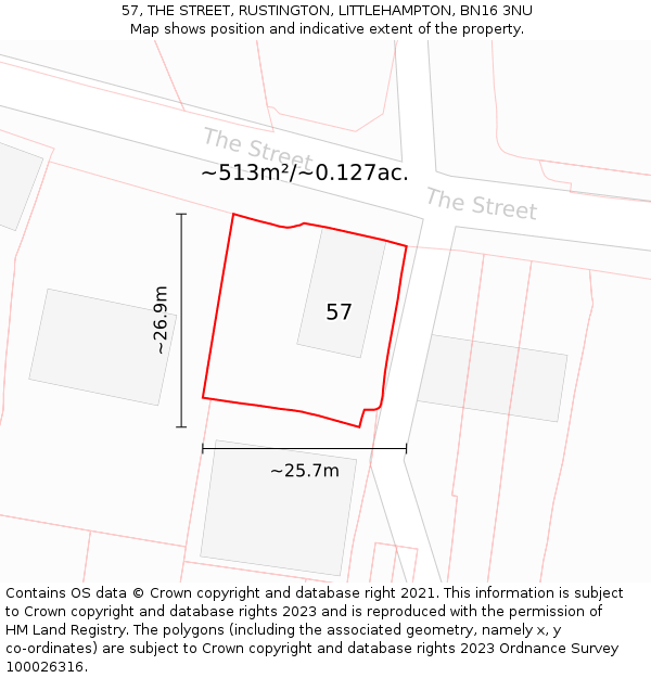 57, THE STREET, RUSTINGTON, LITTLEHAMPTON, BN16 3NU: Plot and title map