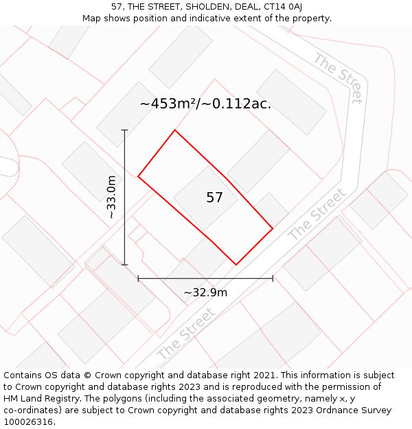 57, THE STREET, SHOLDEN, DEAL, CT14 0AJ: Plot and title map