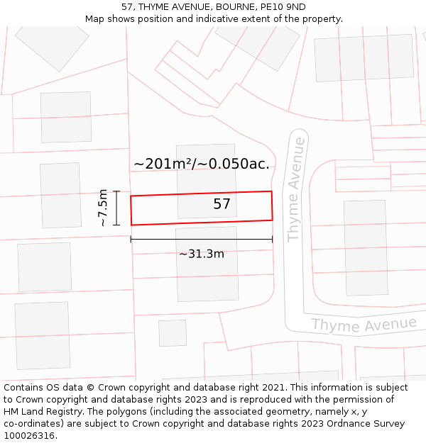 57, THYME AVENUE, BOURNE, PE10 9ND: Plot and title map