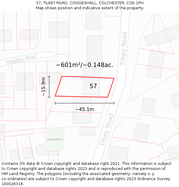 57, TILKEY ROAD, COGGESHALL, COLCHESTER, CO6 1PH: Plot and title map