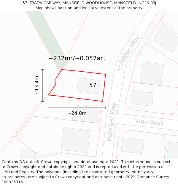 57, TRAFALGAR WAY, MANSFIELD WOODHOUSE, MANSFIELD, NG19 8RJ: Plot and title map